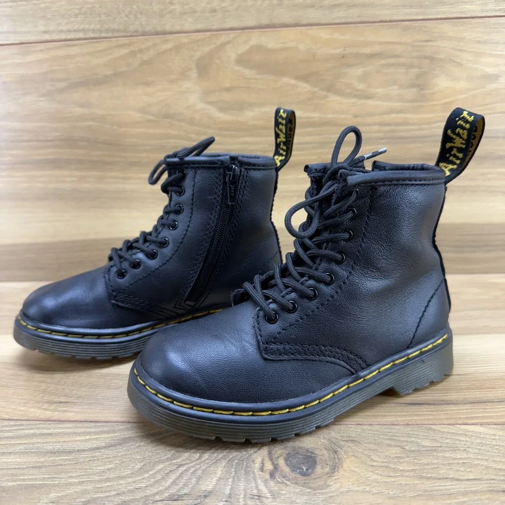 Dr. Martens Kids Black Leather Combat Boots with Yellow Stitching